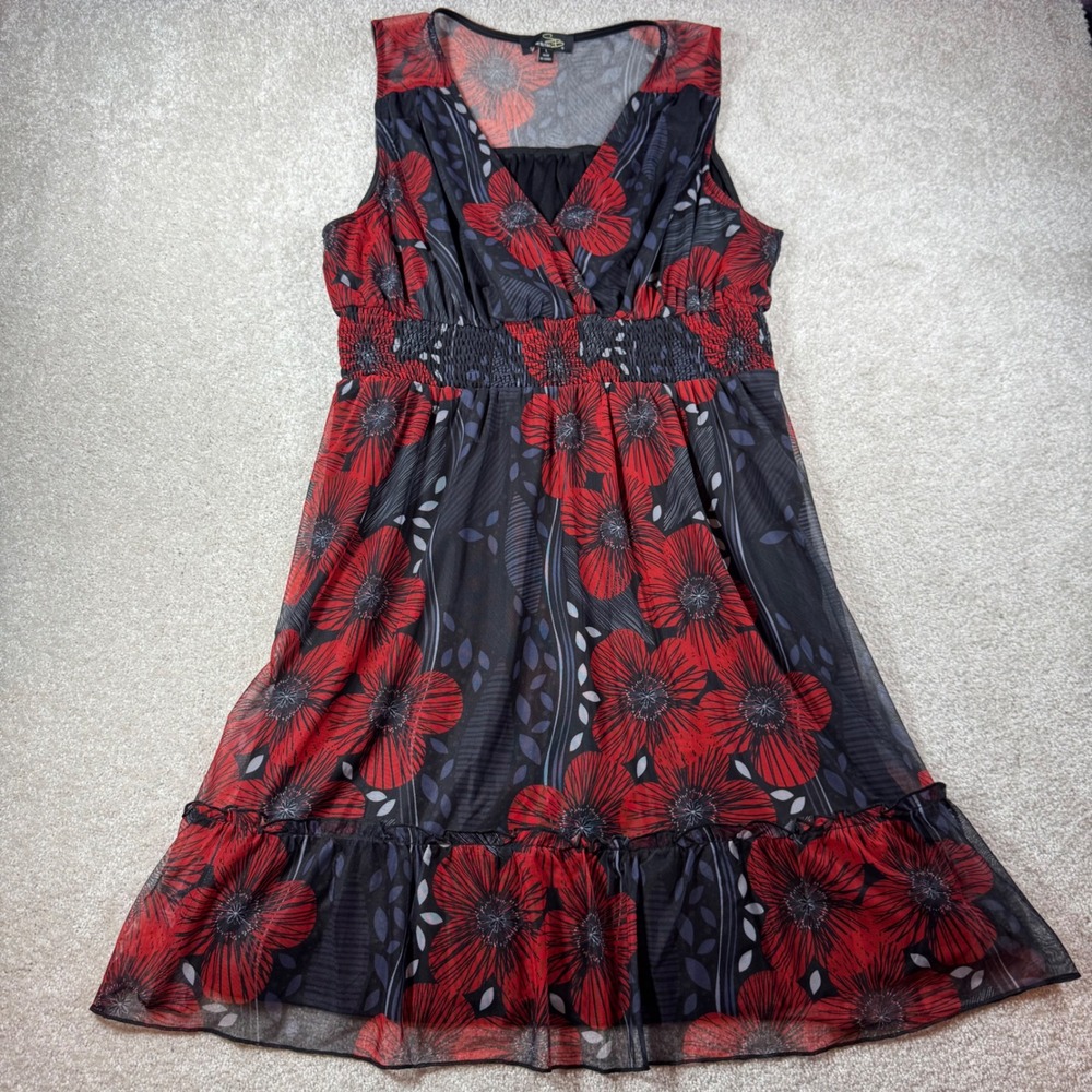 Suzanne Betro Womens Large Red Floral Mesh Smocked Waist Sleeveless Ruffle Dress